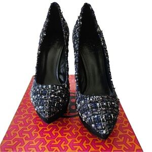 Tory Burch Academia “Peggy” Tweed Platform Closed Toe Stilettos 7.5 Navy Blue
